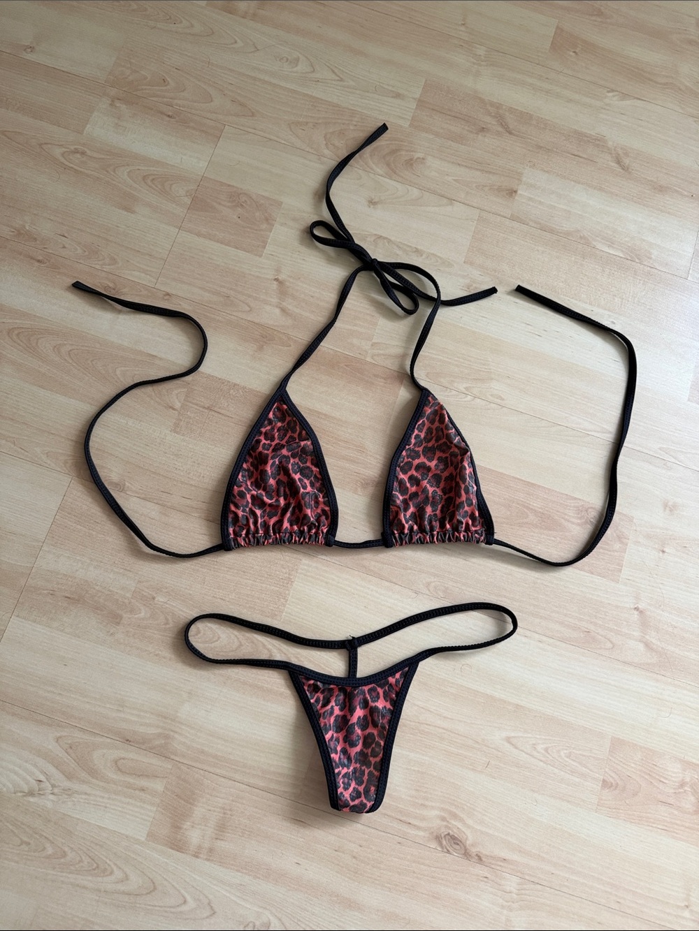 Orange Maroon Red Leopard Print Micro String Bikini Set